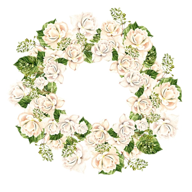 Beautiful Watercolor Wreath with white roses