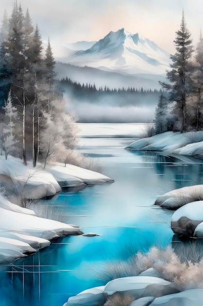 Beautiful watercolors of a winter lake between high mountains Winter landscape in retro style