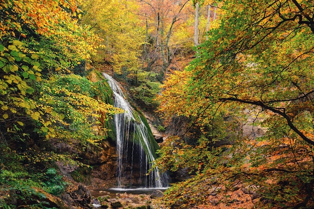 Beautiful waterfall in autumn golden forest in the afternoon