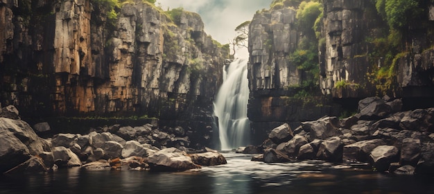 A beautiful waterfall cascading down a rocky cliff Generative AI