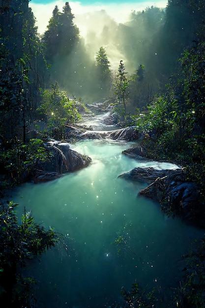 Beautiful waterfall in deep forest like a paradise 2D Illustration