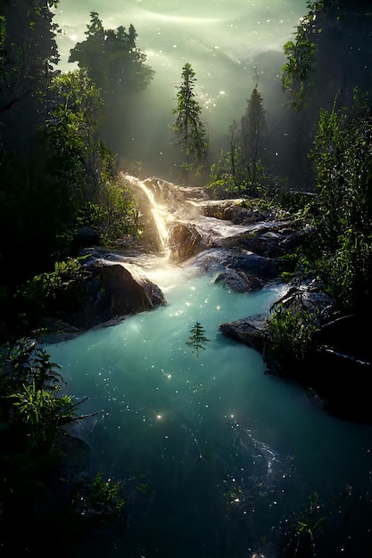 Beautiful waterfall in deep forest like a paradise 2D Illustration