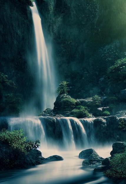 Beautiful waterfall in deep forest like a paradise 2D Illustration