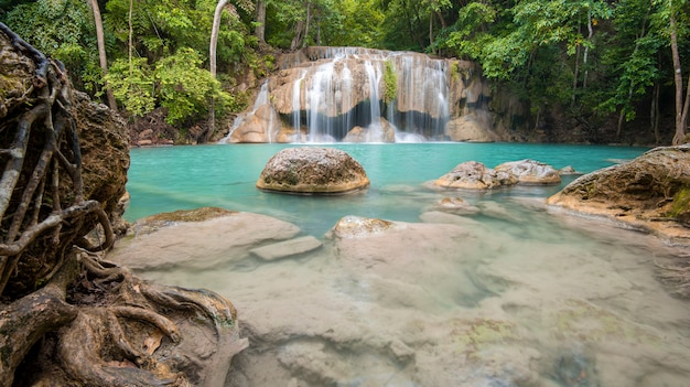 Beautiful waterfall in Erawan waterfall National Park in Kanchanaburi, Thailand