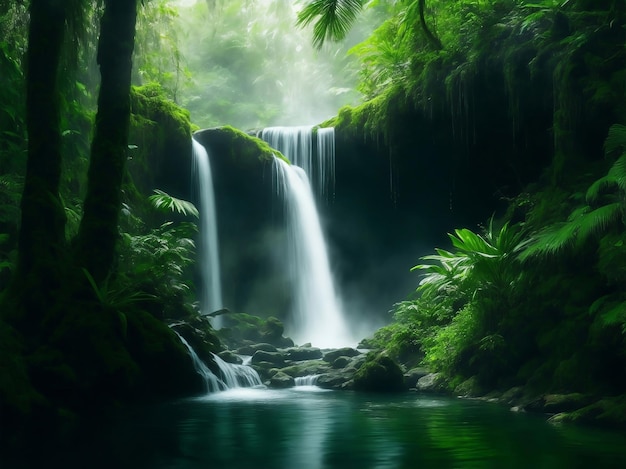 A beautiful waterfall in forest Generative AI Illustration