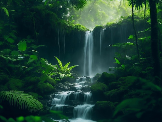 A beautiful waterfall in forest Generative AI Illustration