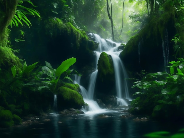 A beautiful waterfall in forest Generative AI Illustration