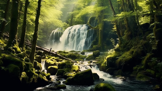 Beautiful waterfall in the forest Summer landscape with a waterfall