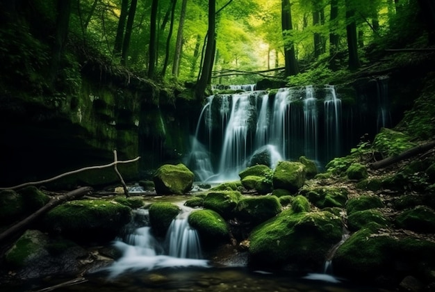 Foto bellissima cascata nella foresta verde generativa ai