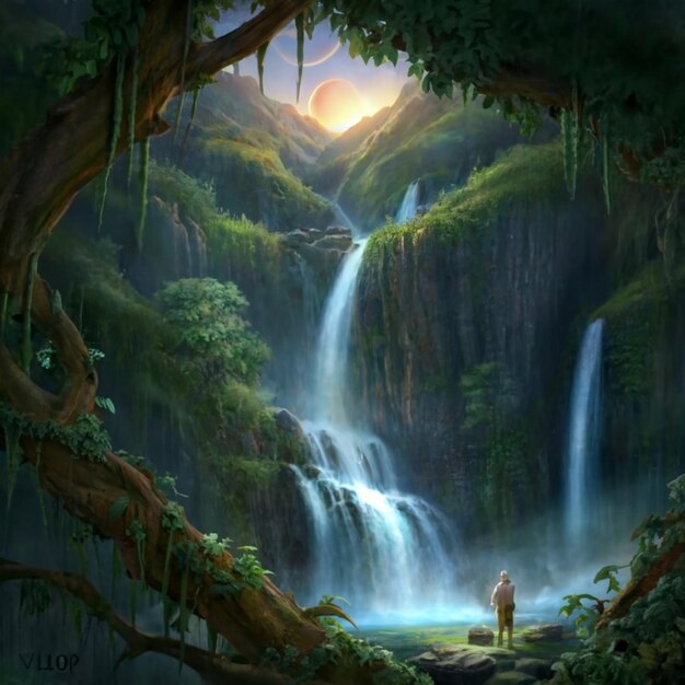 Красивый водопад в зеленом лесу в джунглях
