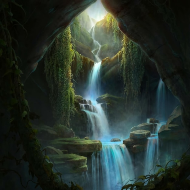 Beautiful waterfall in green forest in jungle
