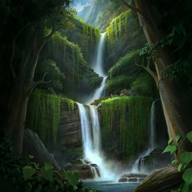 Beautiful waterfall in green forest in jungle