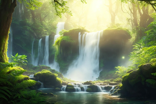 Beautiful waterfall in green jungle oasis ai generative background