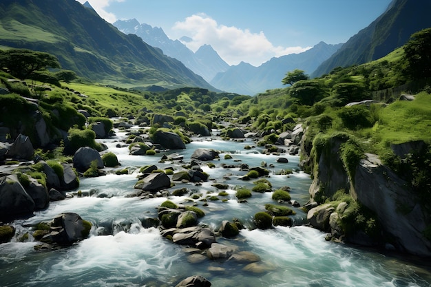 美しい滝の緑の自然の木々や山々の生成AI