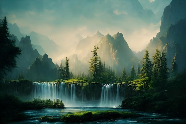 Beautiful waterfall landscape nature scenery hills, mountain, trees, forest, river, lake, field view