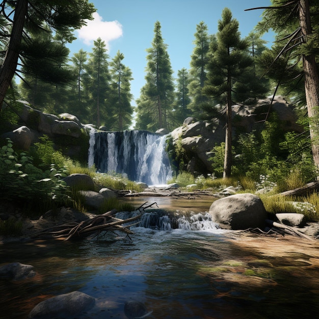 beautiful waterfall in the middle of a dense pine forest with clear water