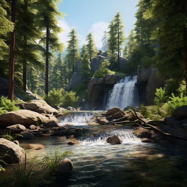 beautiful waterfall in the middle of a dense pine forest with clear water