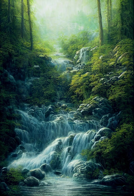 Photo beautiful waterfall at nature 3d illustrated