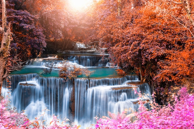 夏の日にカラフルな深い森の美しい滝自然風景