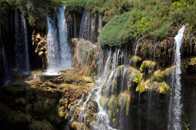 Beautiful waterfall photo background rocky field