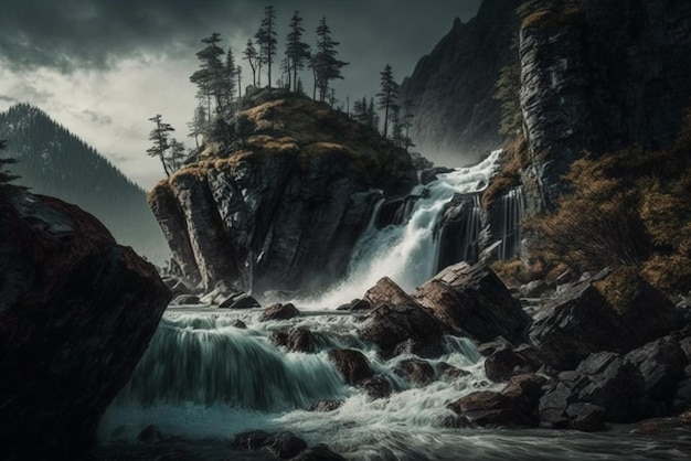 A beautiful waterfall in the rocks Landscape