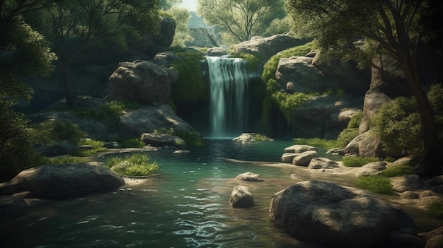 熱帯林の美しい滝、フアイメーカミン滝、カンチャナブリの生成 AI