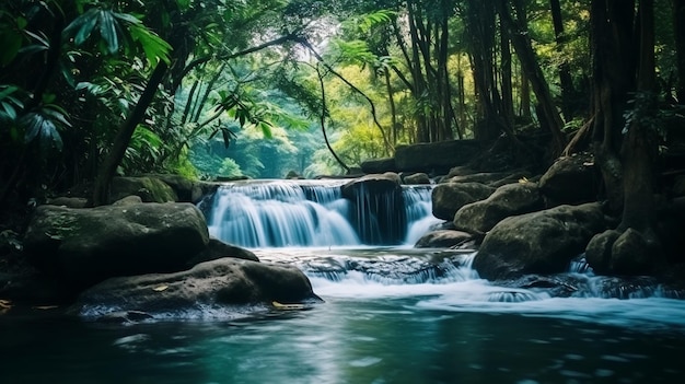 Beautiful waterfall in tropical forest river Waterfall in deep rain forest