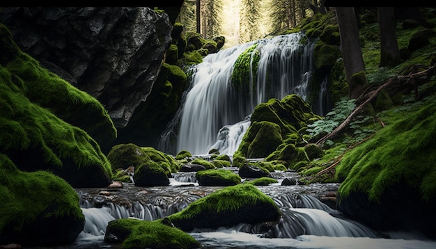 A beautiful waterfall in a wild green forest