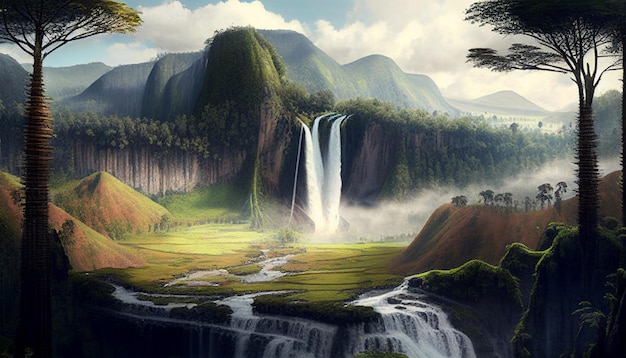 A beautiful waterfall with a large hill in the middle of the forest in the background generative ai