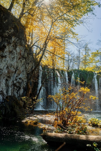 나무 사이로 빛나는 태양이 있는 크로아티아 국립공원 Plitvicka 호수의 아름다운 폭포.