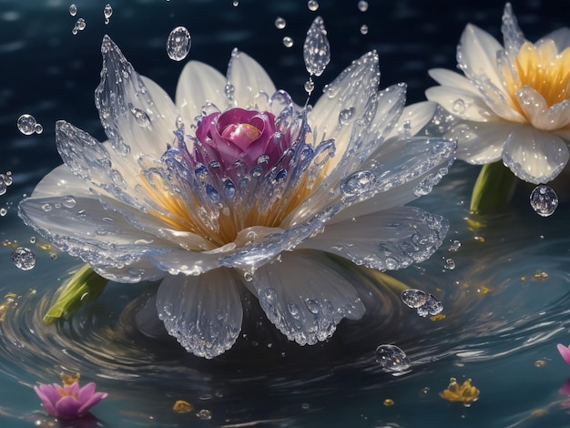 Beautiful waterlily or lotus flower on blue water background