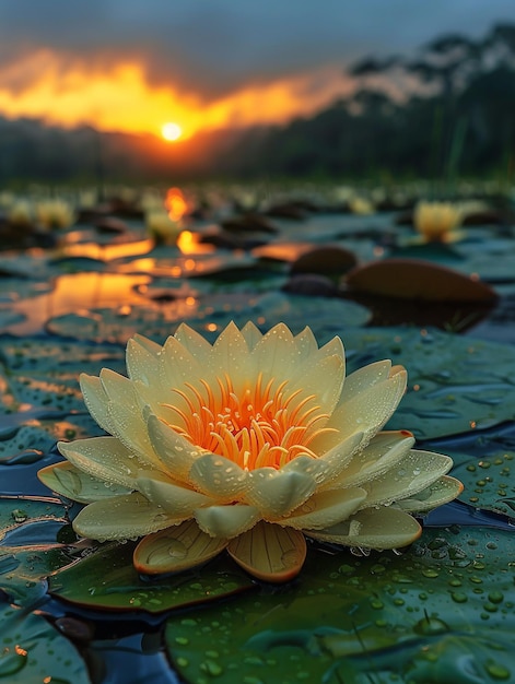 Beautiful waterlily in the pond at sunset