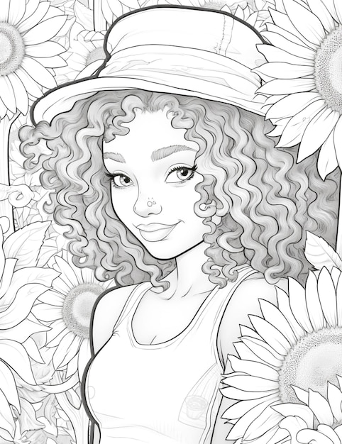 Photo beautiful wavy curly hair and hand drawn amazing floral coloring book page for adults