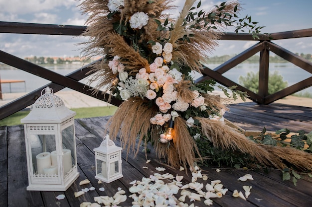 Beautiful wedding arch with flowers close up