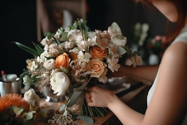 beautiful wedding bouquet of mixed flowers in woman hand the work of the florist at Generative AI