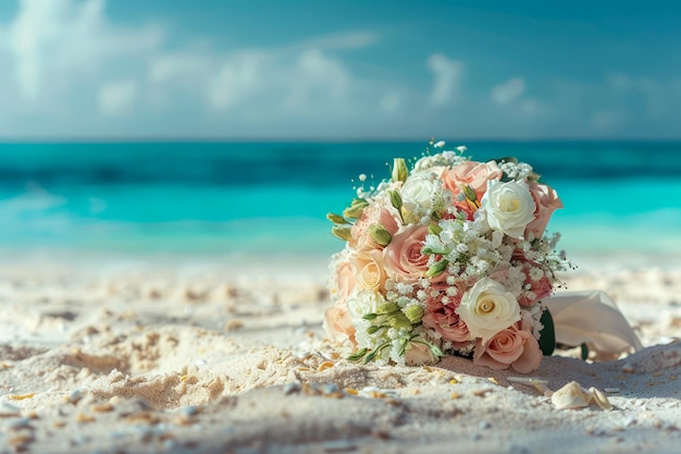 Beautiful Wedding Bouquet on Sandy Beach with Turquoise Sea Background Romantic Bridal Flowers