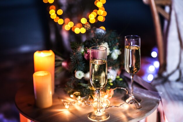 Beautiful wedding composition on table outdoors