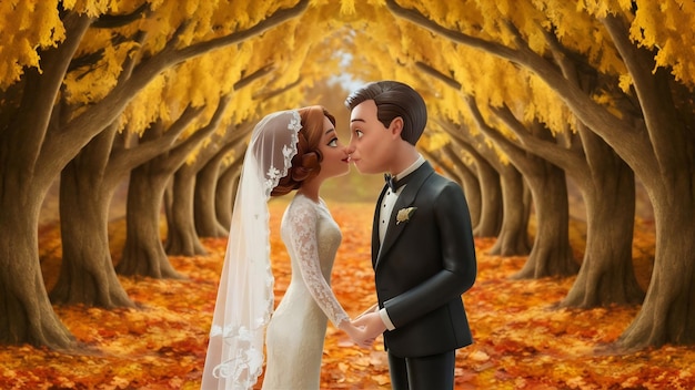 Photo beautiful wedding couple in the forest with yellowed trees almost kissing marriage concept weddin