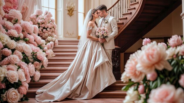 Фото Красивая свадебная пара позирует на церемонии концепция брака в любви только что вышла замуж валентина