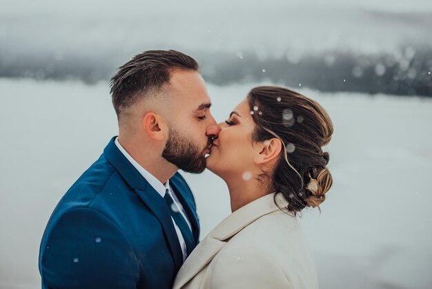 Beautiful wedding couple on their winter wedding