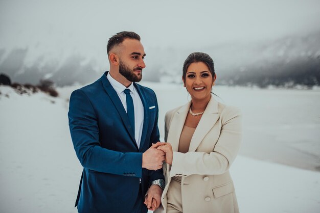 Beautiful wedding couple on their winter wedding