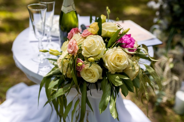 Beautiful wedding decorations for the ceremony outside in sunny weather