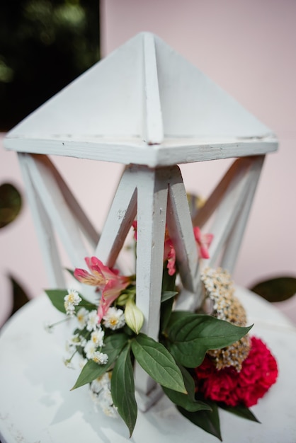 Beautiful wedding decorations with flowers and wooden box