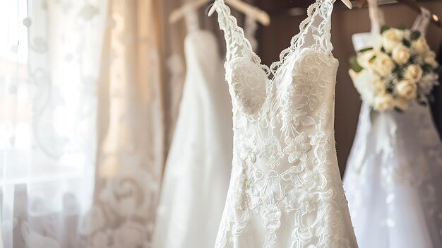 A beautiful wedding dress hangs on a hanger in a boutique The dress is made of white lace and has a sweetheart neckline