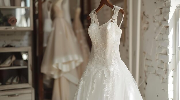 A beautiful wedding dress hangs on a wooden hanger in a boutique The dress is made of white lace and has a long train