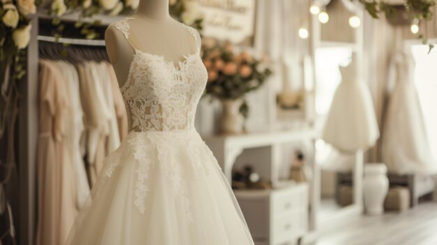 Photo a beautiful wedding dress with intricate lace detailing is displayed on a mannequin in a bridal boutique