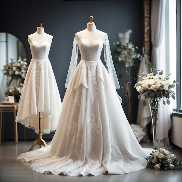 beautiful wedding dresses red color bridal dress hanging on hangers and mannequins in studio shop