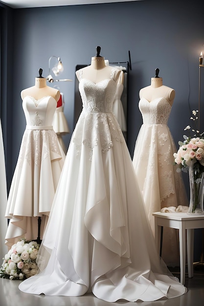 beautiful wedding dresses red color bridal dress hanging on hangers and mannequins in studio shop