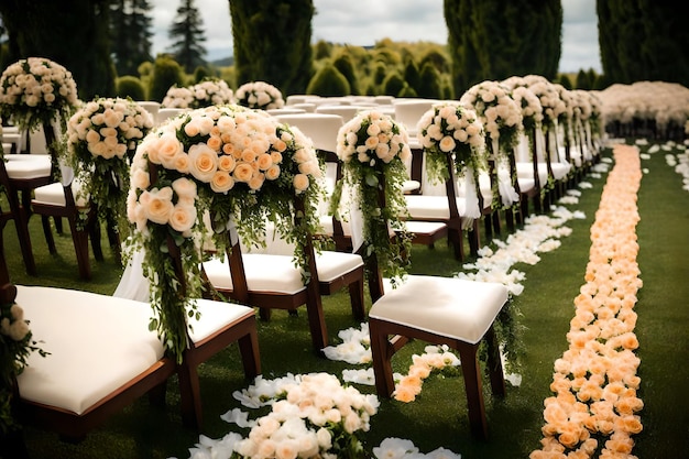 Foto bellissima disposizione di fiori di nozze di sedili lungo il corridoio