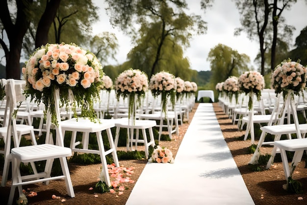 Foto bellissima disposizione di fiori di nozze di sedili lungo il corridoio